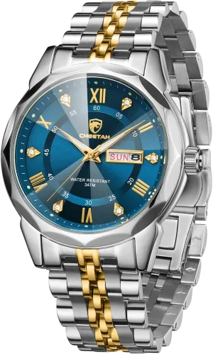 Two-Tone Watches for Men Diamond Stainless Steel Quartz Waterproof, with Date Week Display, Luminous Hands