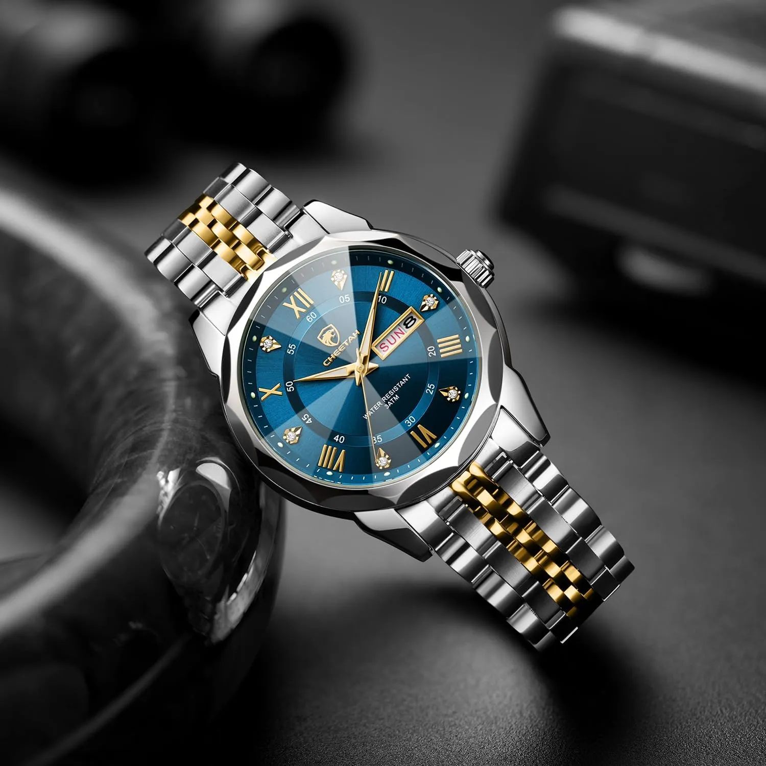 Two-Tone Watches for Men Diamond Stainless Steel Quartz Waterproof, with Date Week Display, Luminous Hands