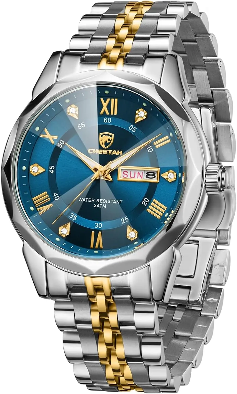 Two-Tone Watches for Men Diamond Stainless Steel Quartz Waterproof, with Date Week Display, Luminous Hands