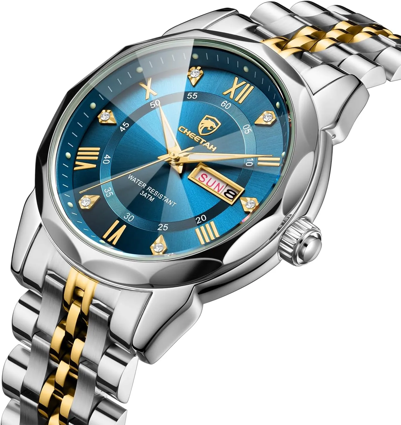 Two-Tone Watches for Men Diamond Stainless Steel Quartz Waterproof, with Date Week Display, Luminous Hands