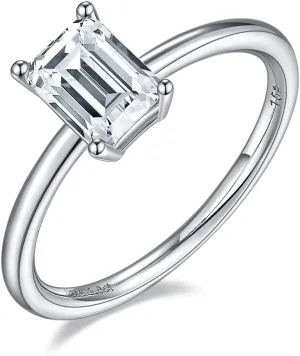 TwoBirch 1 Carat Moissanite Emerald Solitaire in Platinum Plated Sterling Silver (CERTIFIED)