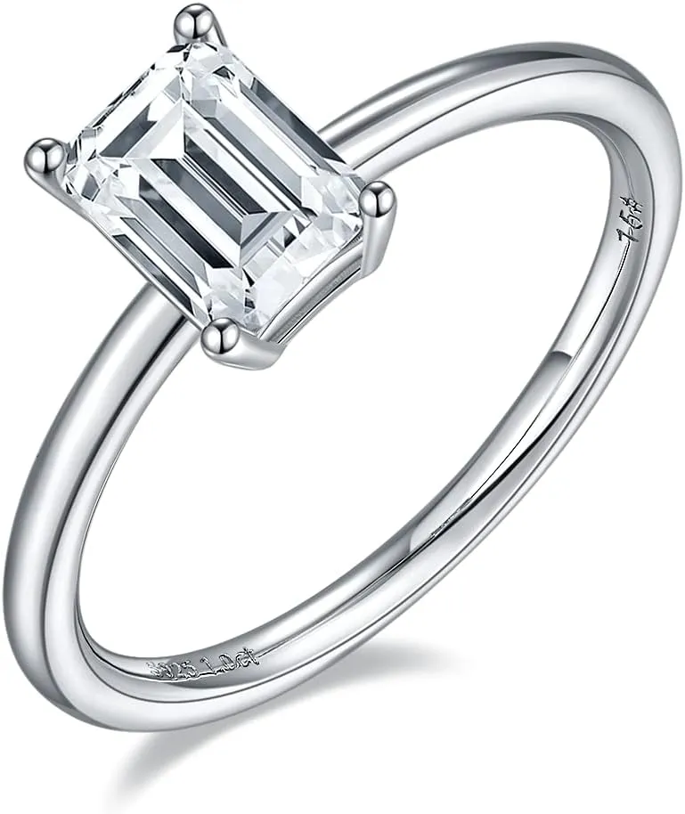 TwoBirch 1 Carat Moissanite Emerald Solitaire in Platinum Plated Sterling Silver (CERTIFIED)