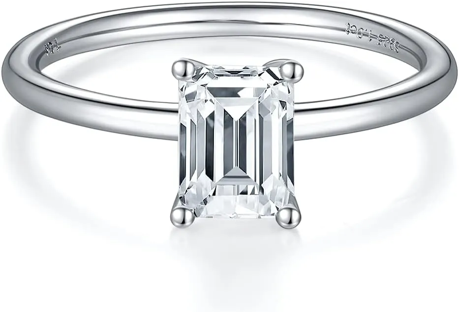 TwoBirch 1 Carat Moissanite Emerald Solitaire in Platinum Plated Sterling Silver (CERTIFIED)