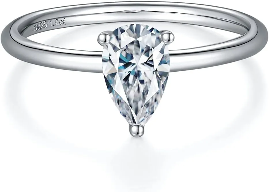 TwoBirch 1 Carat Moissanite Tear Drop Pear Solitaire in Platinum Plated Sterling Silver (CERTIFIED)