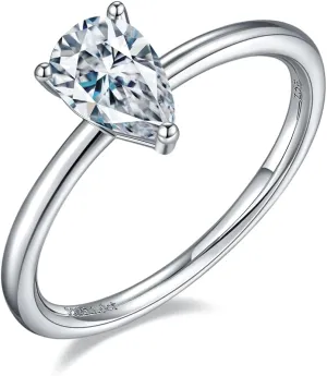 TwoBirch 1 Carat Moissanite Tear Drop Pear Solitaire in Platinum Plated Sterling Silver (CERTIFIED)