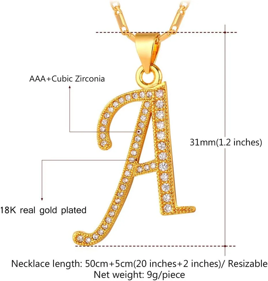 U7 Alphabet Initial Jewelry Women Girls Necklace with Letter A to Z Stainless Steel / 18K Gold Plated CZ Crystal or Statement Sideways Initials Choker Pendant Necklace, Gift Box Packed