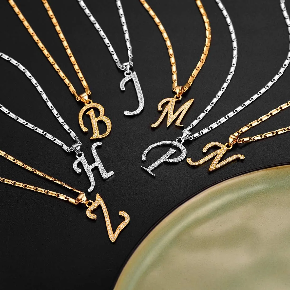 U7 Alphabet Initial Jewelry Women Girls Necklace with Letter A to Z Stainless Steel / 18K Gold Plated CZ Crystal or Statement Sideways Initials Choker Pendant Necklace, Gift Box Packed