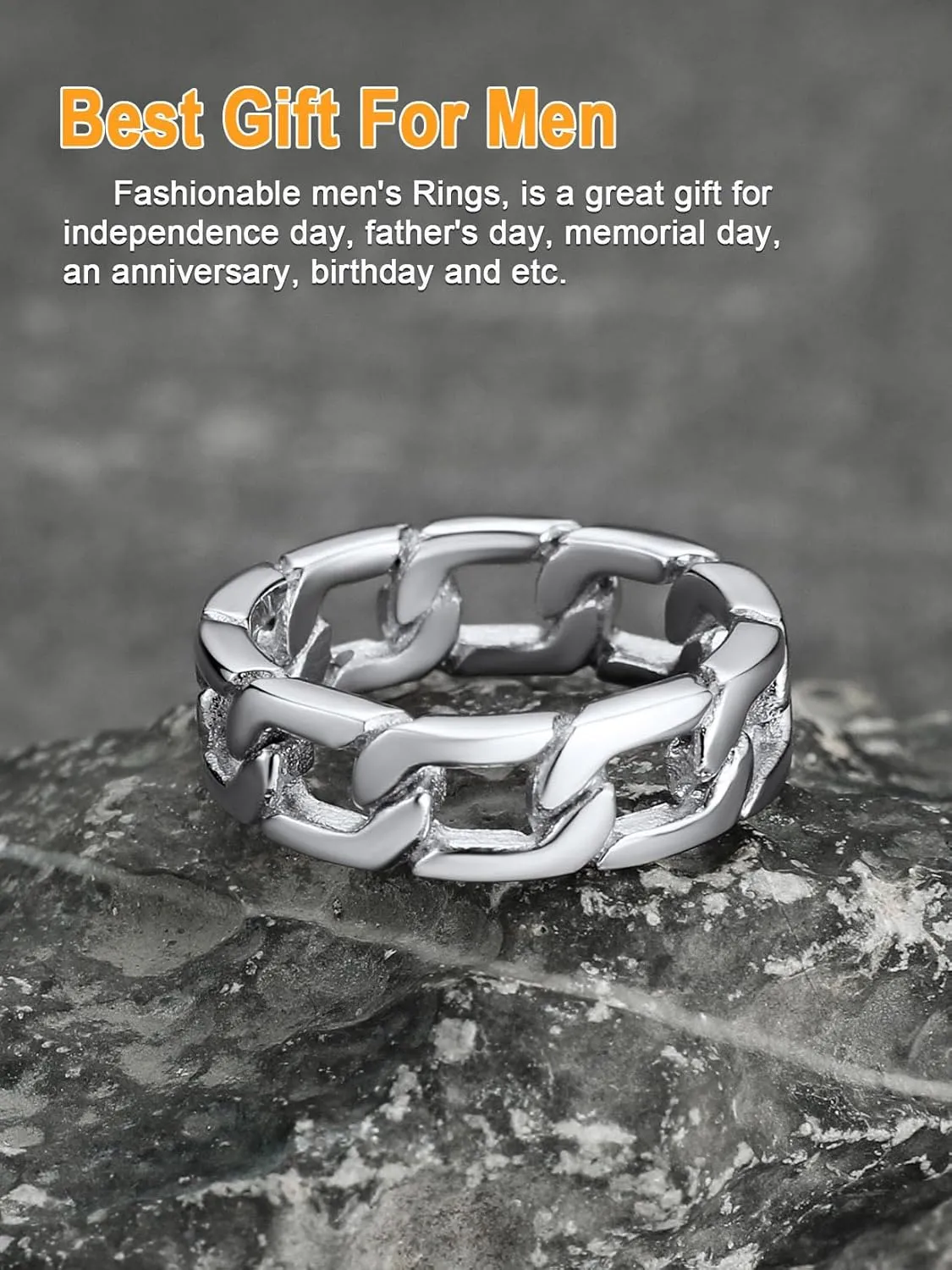 U7 Mens Women Stainless Steel 7mm Wide Band Ring, Hip Hop Thumb Rings Fashion Cuban Link Chain Rings, Size #6-#14 -Color Silver,Black,Gold
