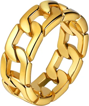 U7 Mens Women Stainless Steel 7mm Wide Band Ring, Hip Hop Thumb Rings Fashion Cuban Link Chain Rings, Size #6-#14 -Color Silver,Black,Gold