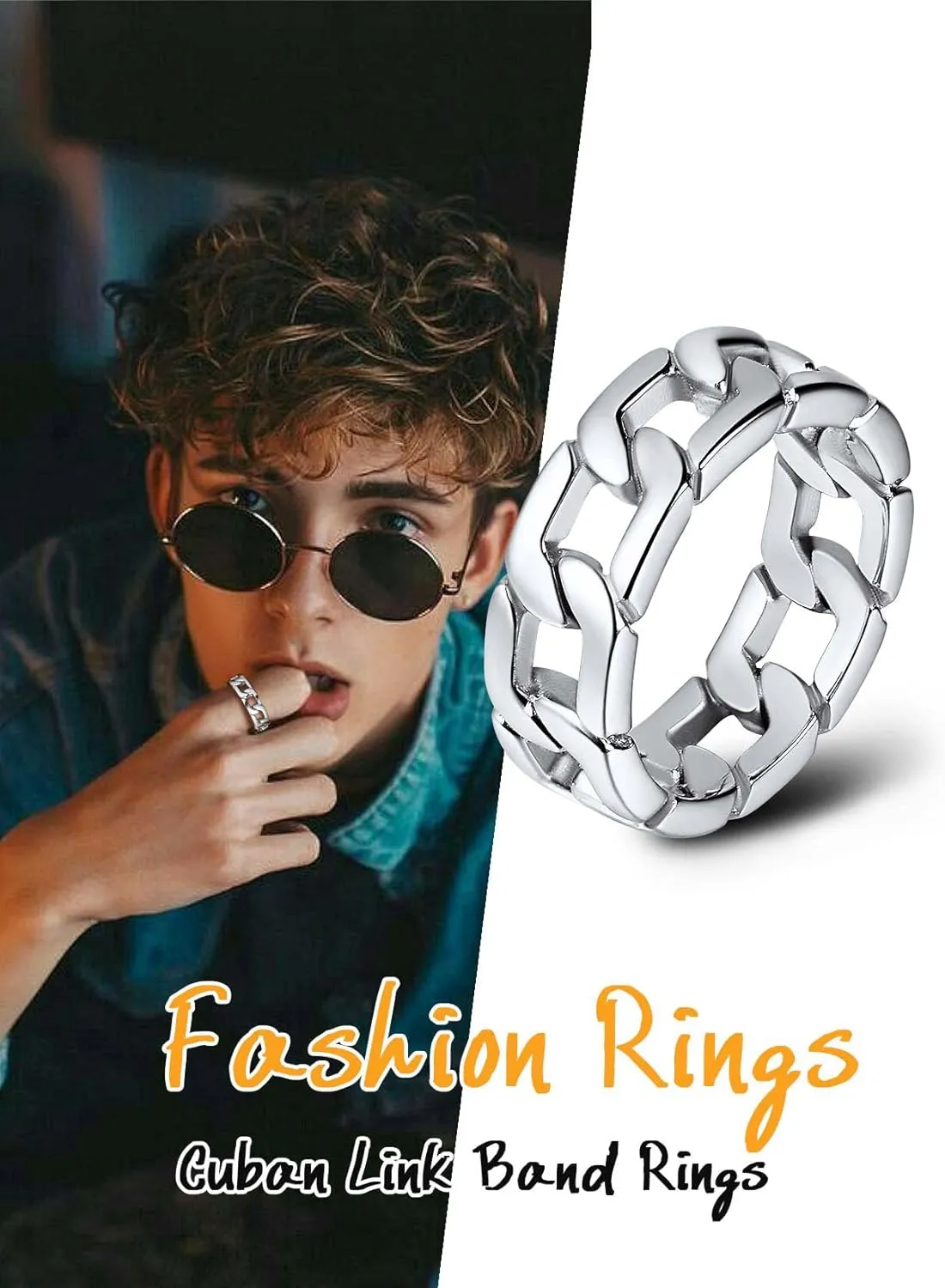 U7 Mens Women Stainless Steel 7mm Wide Band Ring, Hip Hop Thumb Rings Fashion Cuban Link Chain Rings, Size #6-#14 -Color Silver,Black,Gold