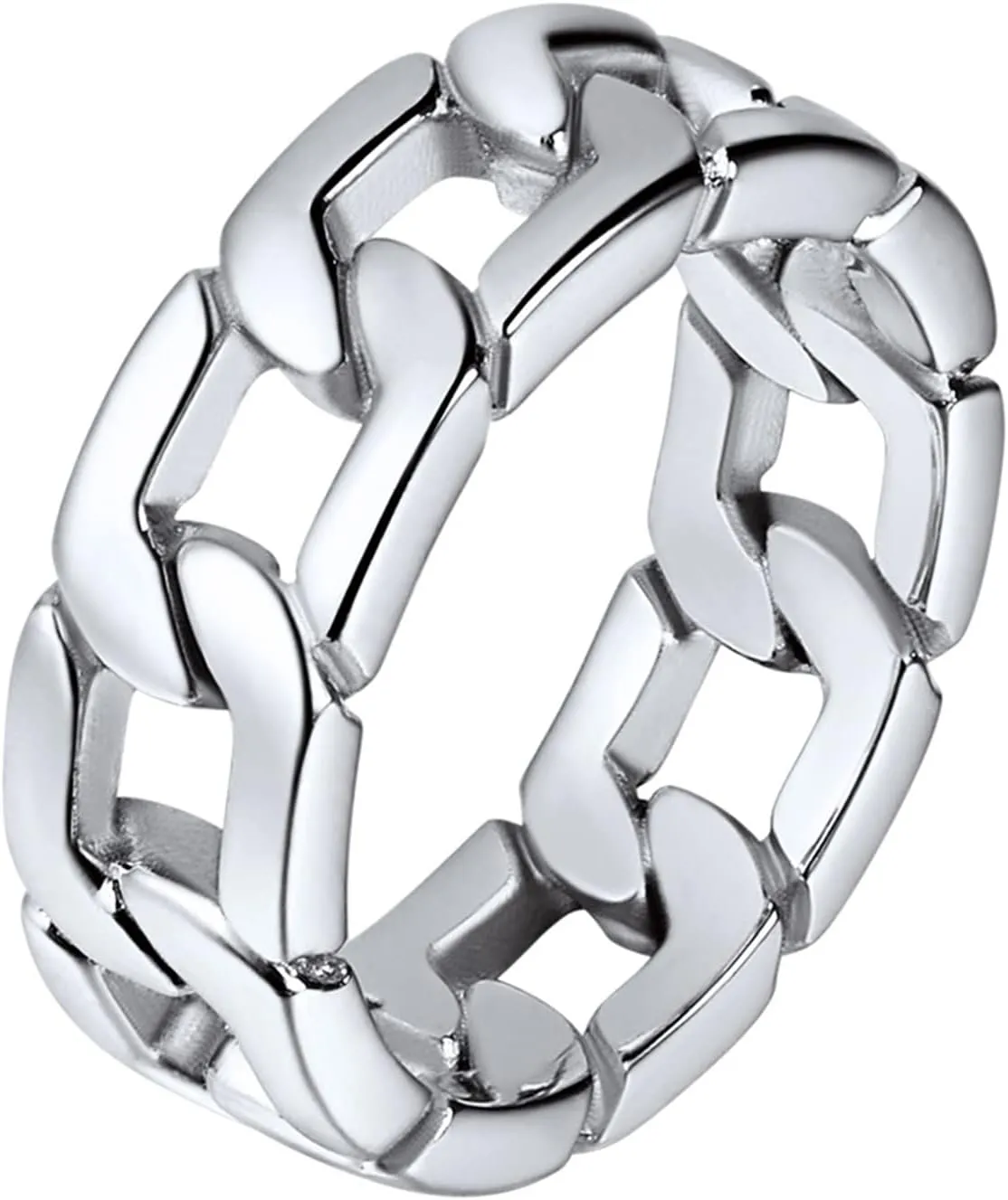 U7 Mens Women Stainless Steel 7mm Wide Band Ring, Hip Hop Thumb Rings Fashion Cuban Link Chain Rings, Size #6-#14 -Color Silver,Black,Gold