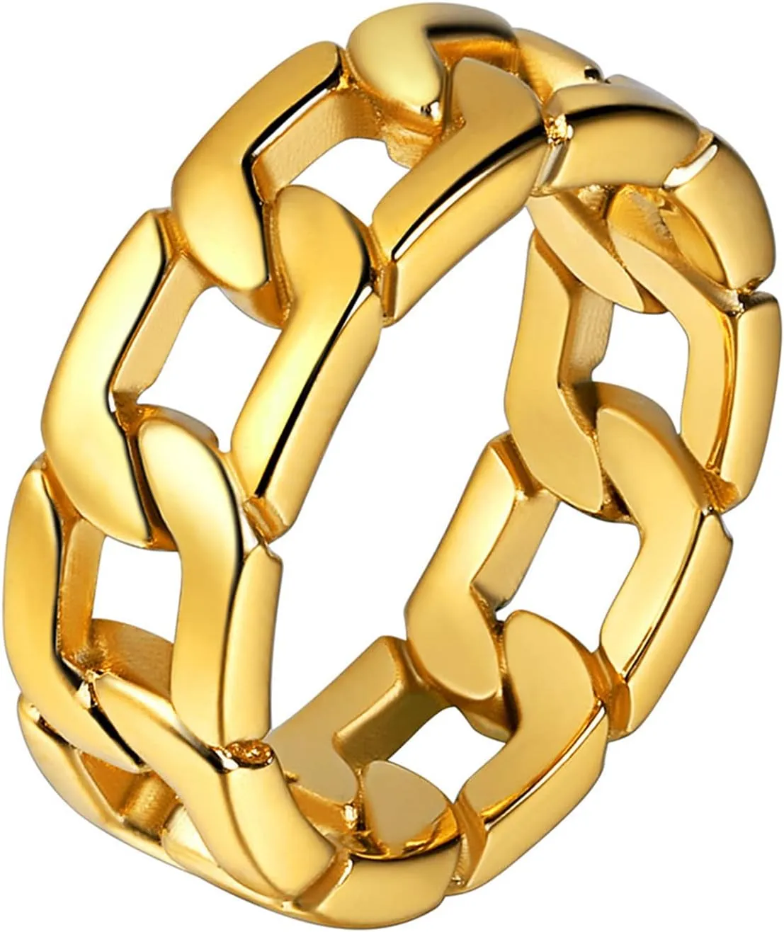 U7 Mens Women Stainless Steel 7mm Wide Band Ring, Hip Hop Thumb Rings Fashion Cuban Link Chain Rings, Size #6-#14 -Color Silver,Black,Gold