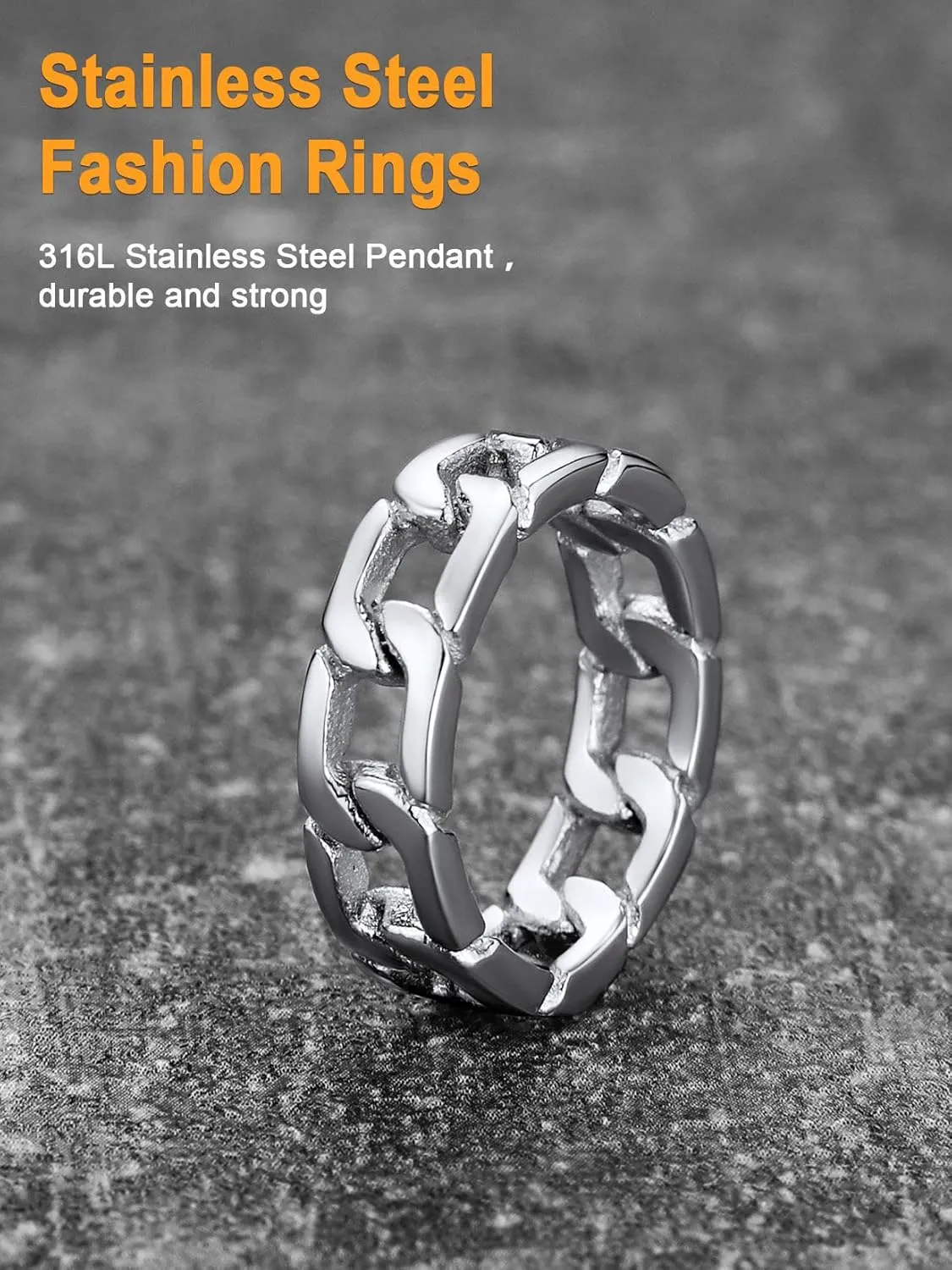 U7 Mens Women Stainless Steel 7mm Wide Band Ring, Hip Hop Thumb Rings Fashion Cuban Link Chain Rings, Size #6-#14 -Color Silver,Black,Gold