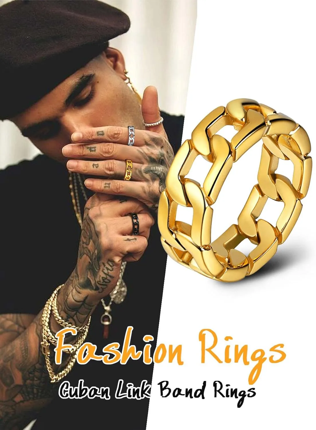 U7 Mens Women Stainless Steel 7mm Wide Band Ring, Hip Hop Thumb Rings Fashion Cuban Link Chain Rings, Size #6-#14 -Color Silver,Black,Gold
