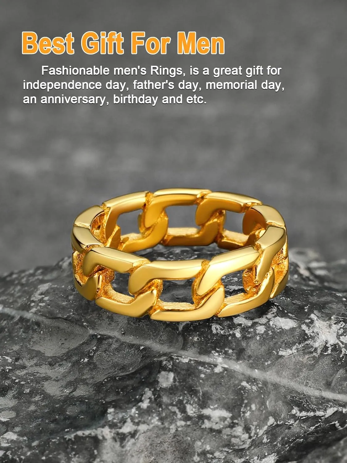 U7 Mens Women Stainless Steel 7mm Wide Band Ring, Hip Hop Thumb Rings Fashion Cuban Link Chain Rings, Size #6-#14 -Color Silver,Black,Gold