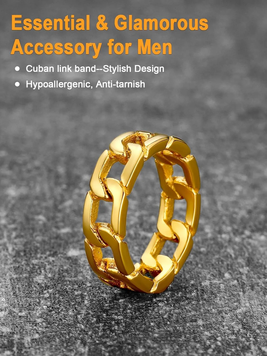 U7 Mens Women Stainless Steel 7mm Wide Band Ring, Hip Hop Thumb Rings Fashion Cuban Link Chain Rings, Size #6-#14 -Color Silver,Black,Gold