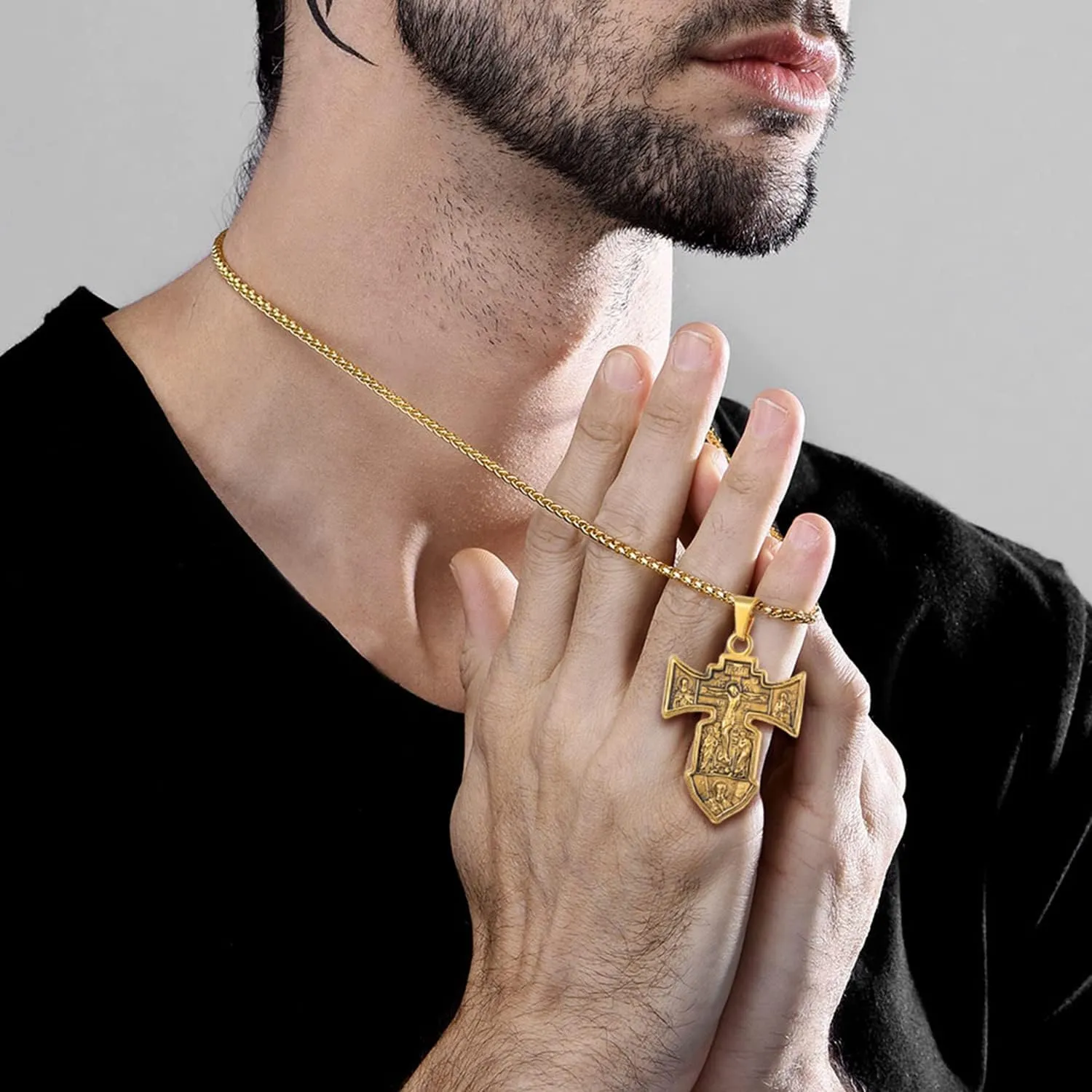 U7 Russian Orthodox Cross Pendant/Praying Hands/Ichthys Sign for Men Women Stainless Steel 18K Gold Plated Jesus Pendant Christian Religious Necklaces, Length 22" Silver Black Gold