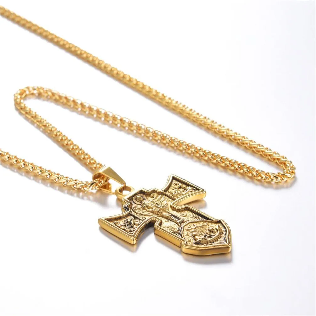 U7 Russian Orthodox Cross Pendant/Praying Hands/Ichthys Sign for Men Women Stainless Steel 18K Gold Plated Jesus Pendant Christian Religious Necklaces, Length 22" Silver Black Gold