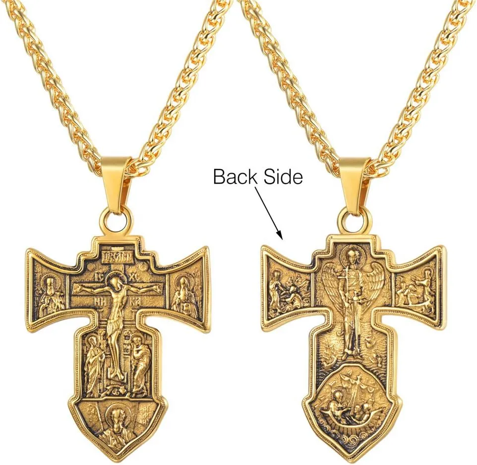 U7 Russian Orthodox Cross Pendant/Praying Hands/Ichthys Sign for Men Women Stainless Steel 18K Gold Plated Jesus Pendant Christian Religious Necklaces, Length 22" Silver Black Gold