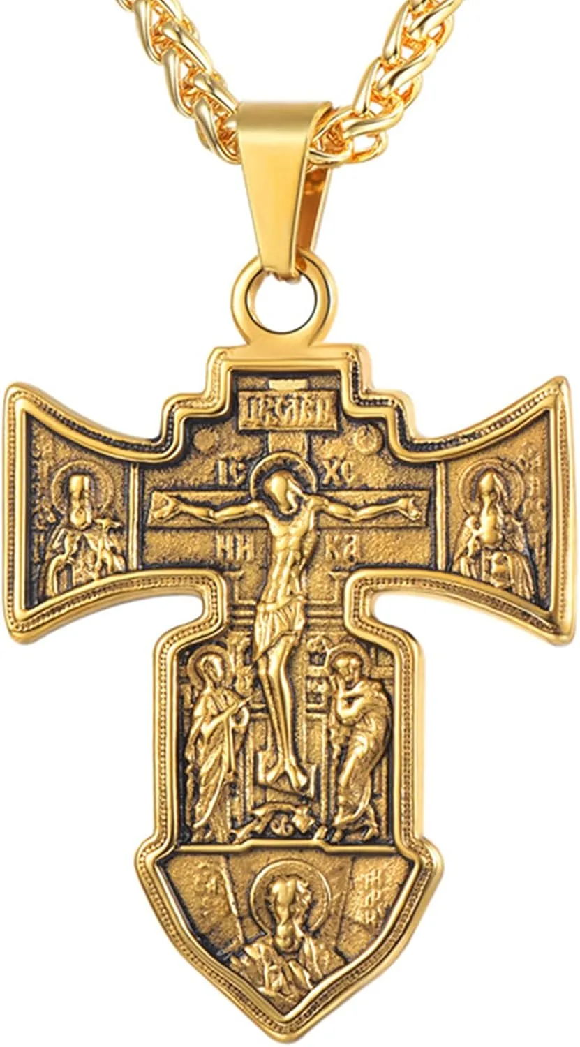 U7 Russian Orthodox Cross Pendant/Praying Hands/Ichthys Sign for Men Women Stainless Steel 18K Gold Plated Jesus Pendant Christian Religious Necklaces, Length 22" Silver Black Gold