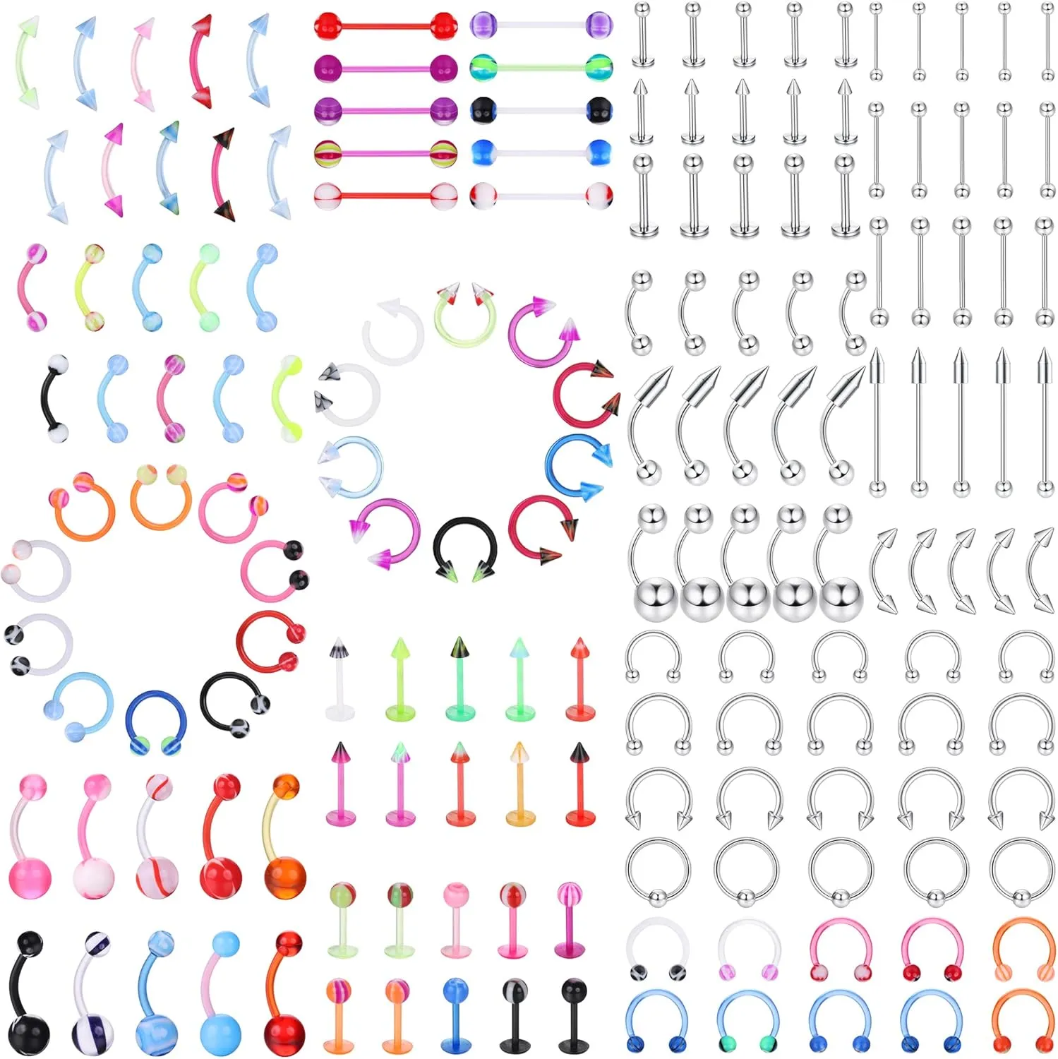 Ubjuliwa 142pcs - 185pcs Body Piercing Jewelry for all piercings, Tongue Nipple Rings Eyebrow Lip Belly Button Barbell Nose Piercing Tragus Navel body jewelry for women piercings 14g-18g