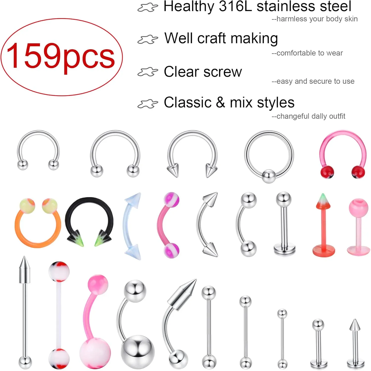 Ubjuliwa 142pcs - 185pcs Body Piercing Jewelry for all piercings, Tongue Nipple Rings Eyebrow Lip Belly Button Barbell Nose Piercing Tragus Navel body jewelry for women piercings 14g-18g