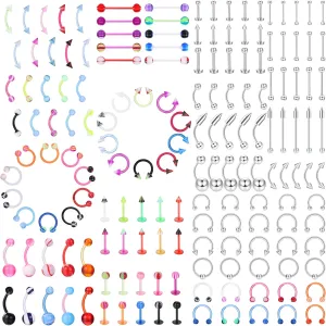Ubjuliwa 142pcs - 185pcs Body Piercing Jewelry for all piercings, Tongue Nipple Rings Eyebrow Lip Belly Button Barbell Nose Piercing Tragus Navel body jewelry for women piercings 14g-18g