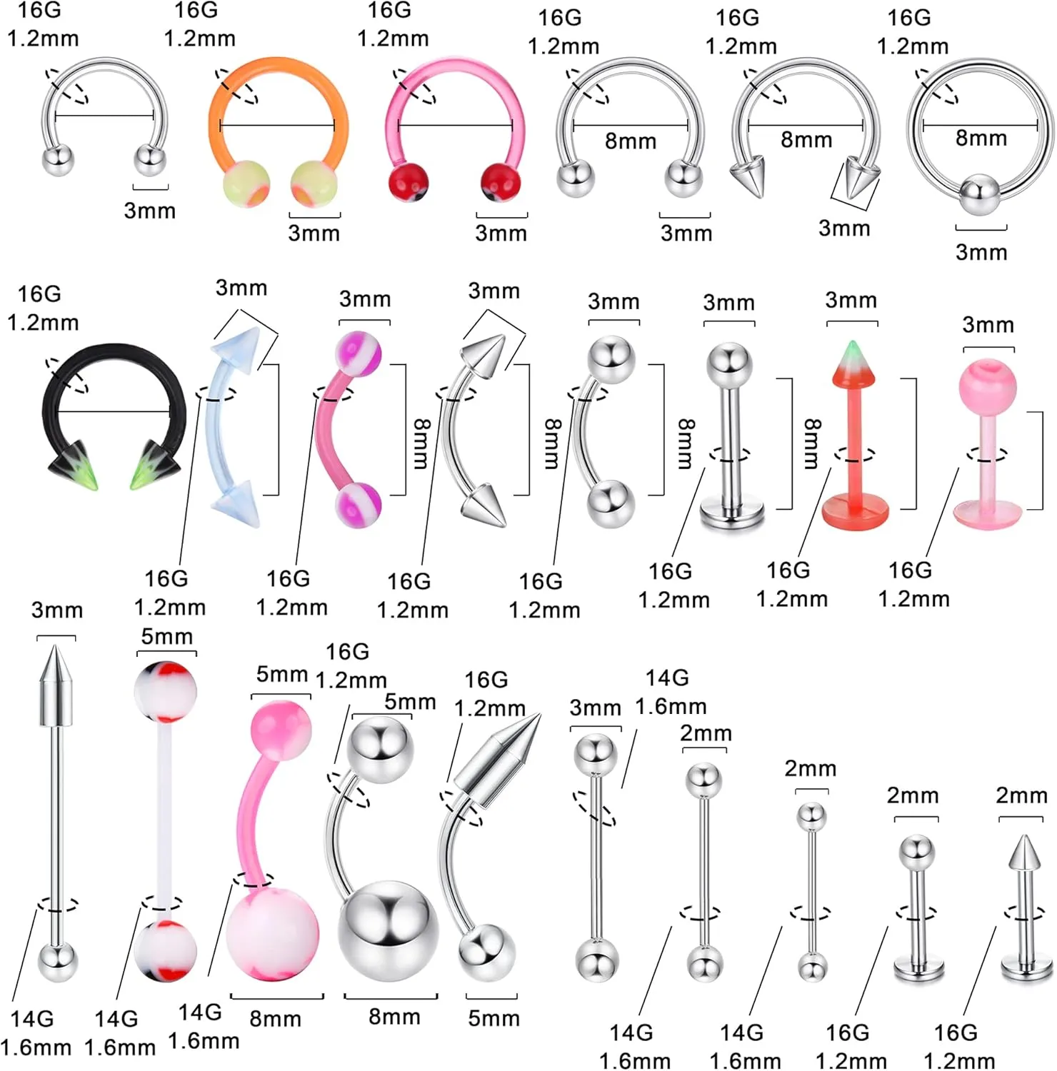 Ubjuliwa 142pcs - 185pcs Body Piercing Jewelry for all piercings, Tongue Nipple Rings Eyebrow Lip Belly Button Barbell Nose Piercing Tragus Navel body jewelry for women piercings 14g-18g