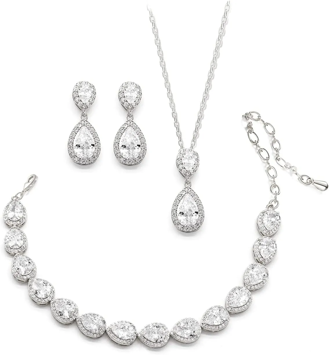 UDYLGOON Cubic Zirconia Crystal Bridal Jewelry Set for Bride Bridesmaid Wedding Prom Teardrop Necklace Earrings Bracelet Jewellery Set