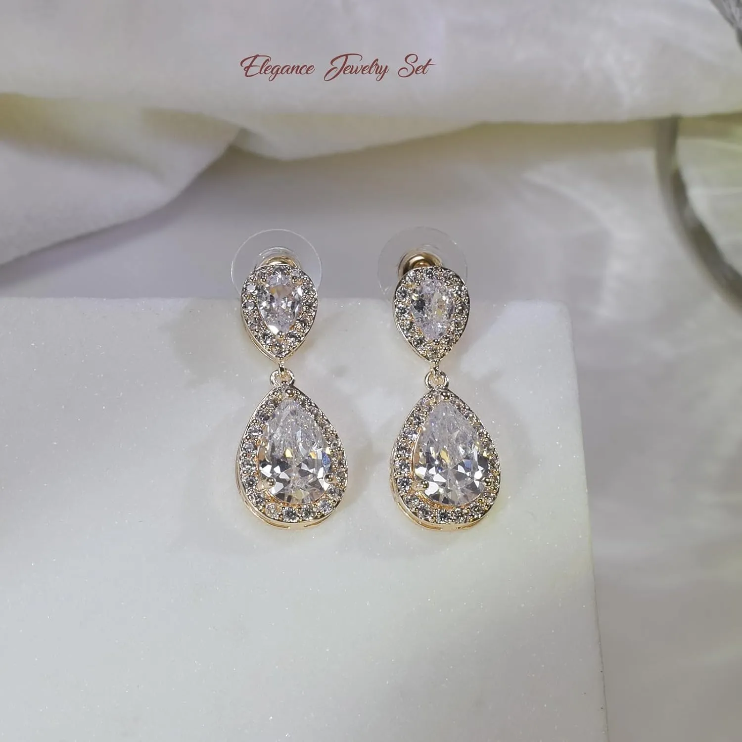 UDYLGOON Cubic Zirconia Crystal Bridal Jewelry Set for Bride Bridesmaid Wedding Prom Teardrop Necklace Earrings Bracelet Jewellery Set