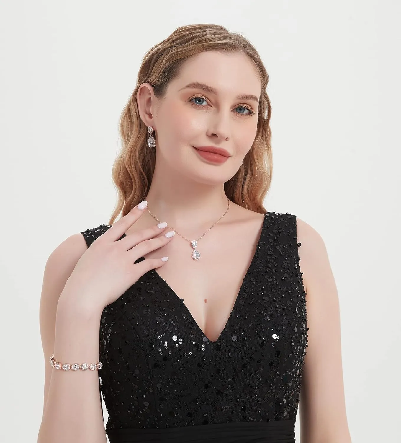 UDYLGOON Cubic Zirconia Crystal Bridal Jewelry Set for Bride Bridesmaid Wedding Prom Teardrop Necklace Earrings Bracelet Jewellery Set