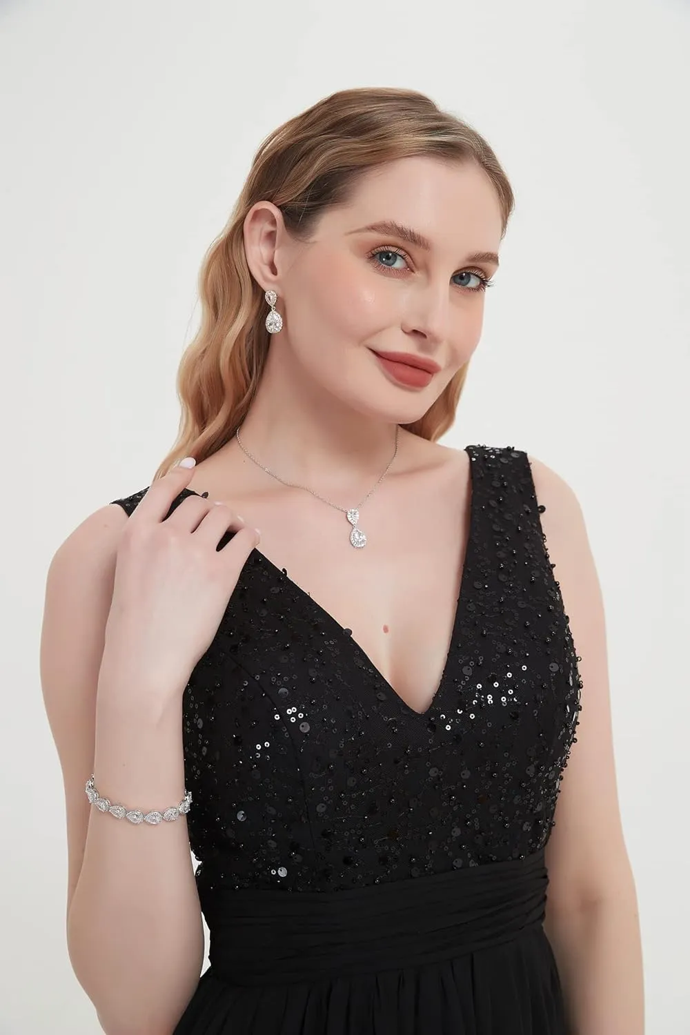 UDYLGOON Cubic Zirconia Crystal Bridal Jewelry Set for Bride Bridesmaid Wedding Prom Teardrop Necklace Earrings Bracelet Jewellery Set