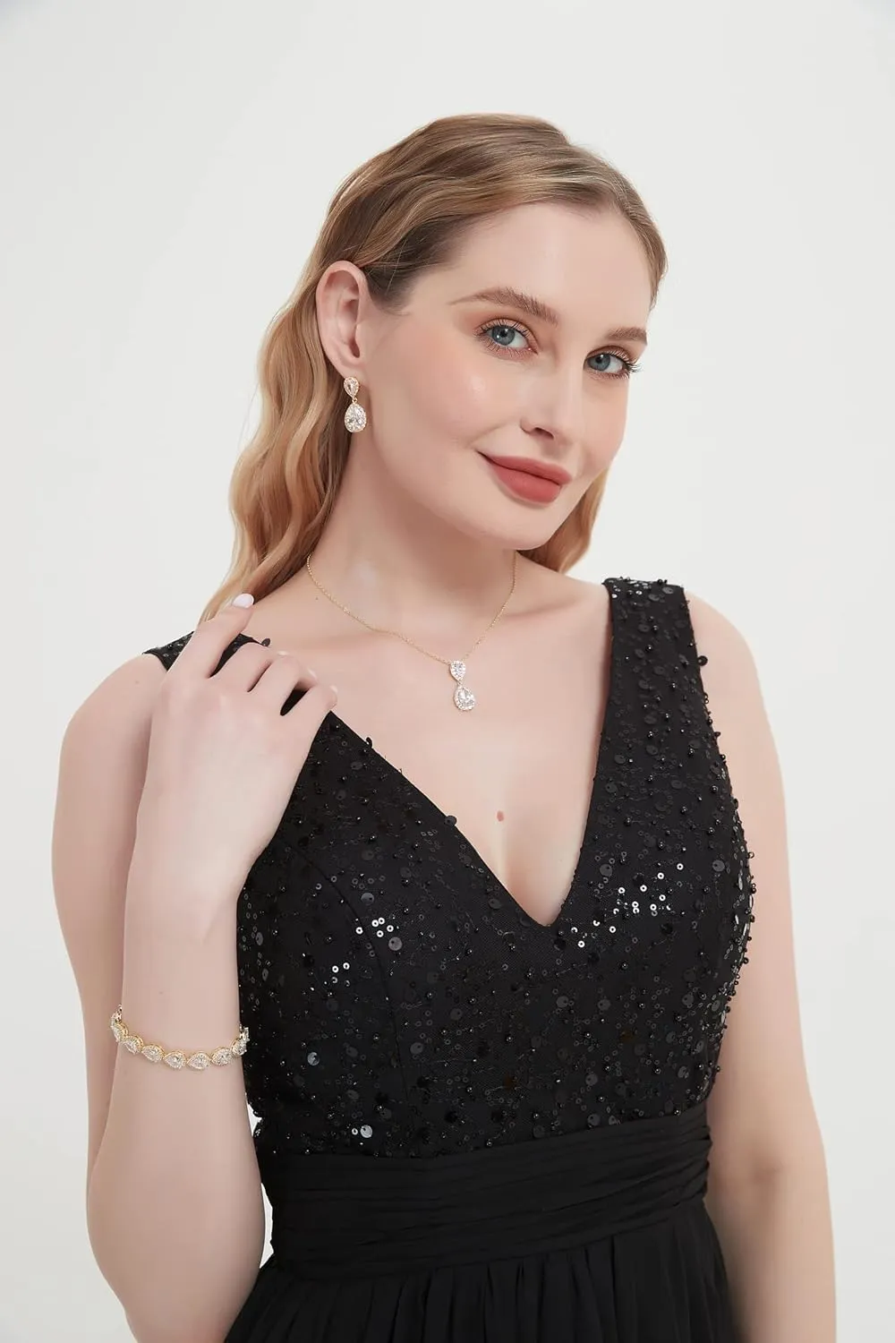 UDYLGOON Cubic Zirconia Crystal Bridal Jewelry Set for Bride Bridesmaid Wedding Prom Teardrop Necklace Earrings Bracelet Jewellery Set