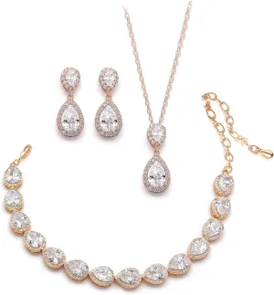 UDYLGOON Cubic Zirconia Crystal Bridal Jewelry Set for Bride Bridesmaid Wedding Prom Teardrop Necklace Earrings Bracelet Jewellery Set