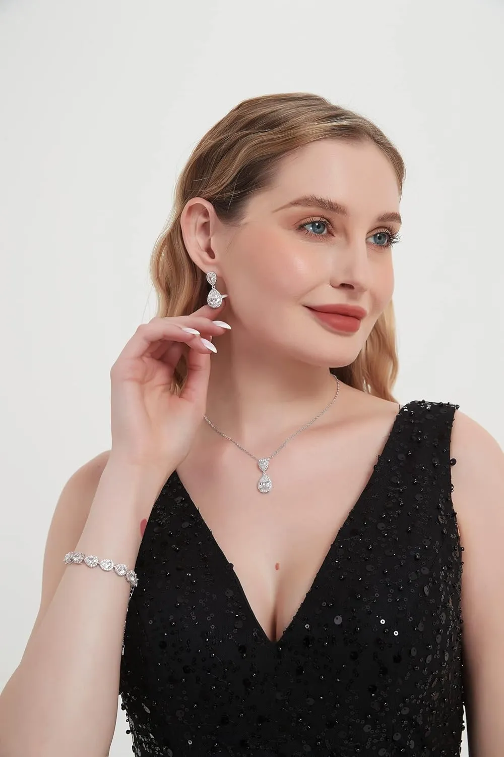 UDYLGOON Cubic Zirconia Crystal Bridal Jewelry Set for Bride Bridesmaid Wedding Prom Teardrop Necklace Earrings Bracelet Jewellery Set