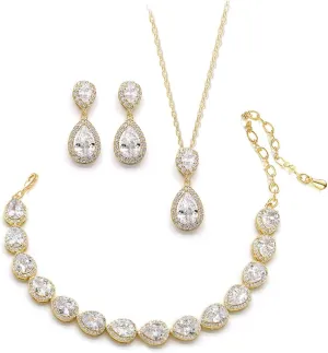 UDYLGOON Cubic Zirconia Crystal Bridal Jewelry Set for Bride Bridesmaid Wedding Prom Teardrop Necklace Earrings Bracelet Jewellery Set