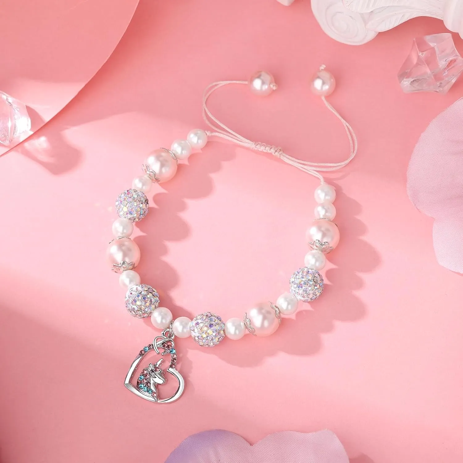 Unicorn Charm Bracelet for Girls - Adjustable Pink Pearl Kids Bracelet for Toddler Girls 4-12 Year Old- Daughter Granddaughter Child's Jewelry Gift for Birthday Christmas gifts