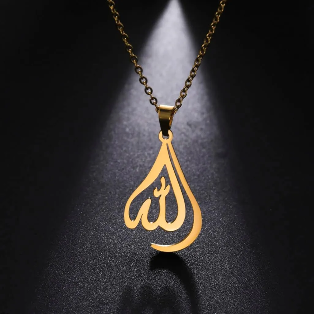 UNIFT Islamic Muslim Allah Layered Necklaces For Women Stainless Steel Charm Water Drop Heart Shape Allah Pendant Double Layer Necklace Islamic Jewelry