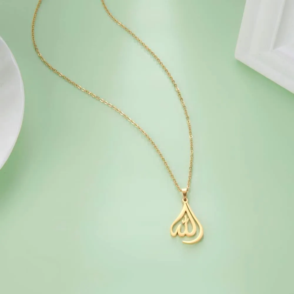 UNIFT Islamic Muslim Allah Layered Necklaces For Women Stainless Steel Charm Water Drop Heart Shape Allah Pendant Double Layer Necklace Islamic Jewelry