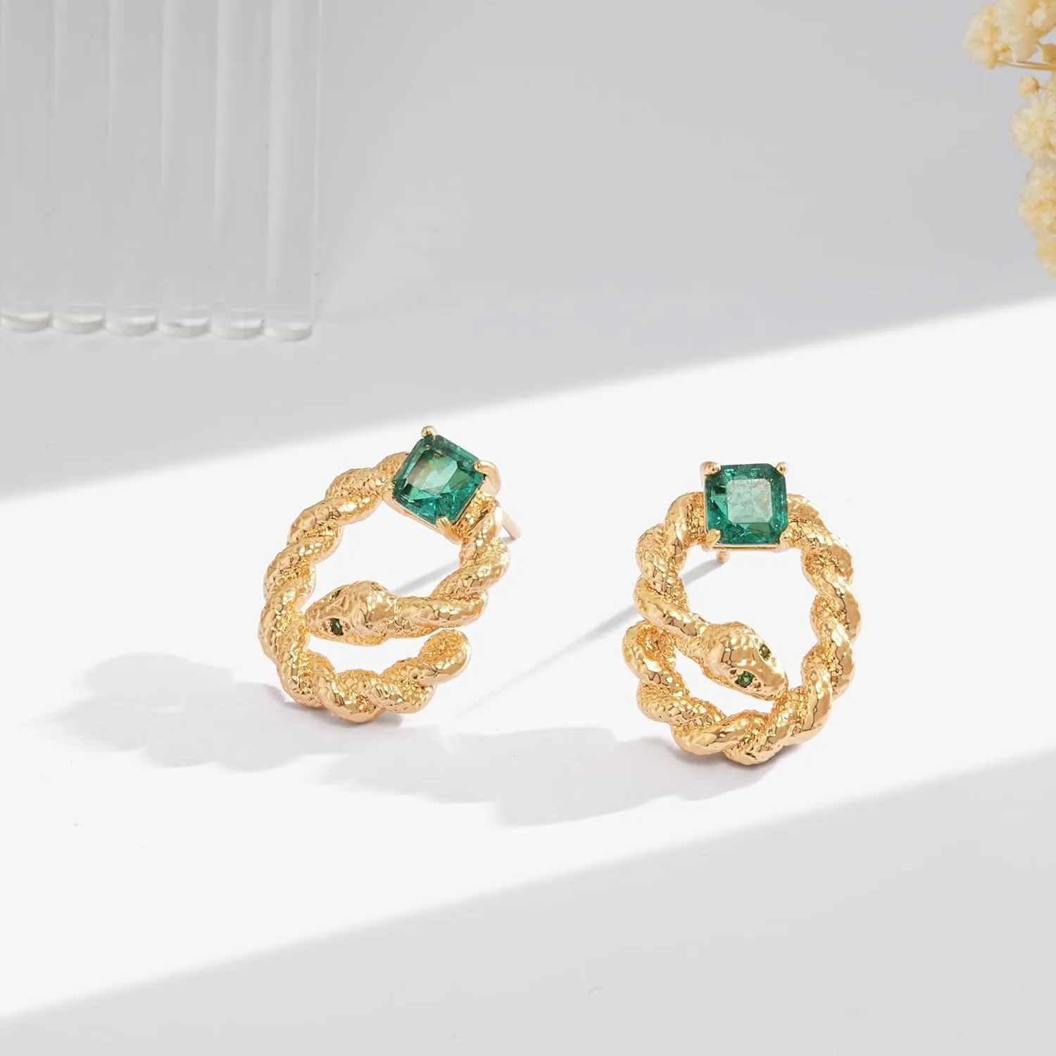 VACRONA Simulated Emerald Earrings for Women 14K Gold Plated Sterling Silver Post Stud Earring Cubic Zirconia Trendy Hypoallergenic Jewelry