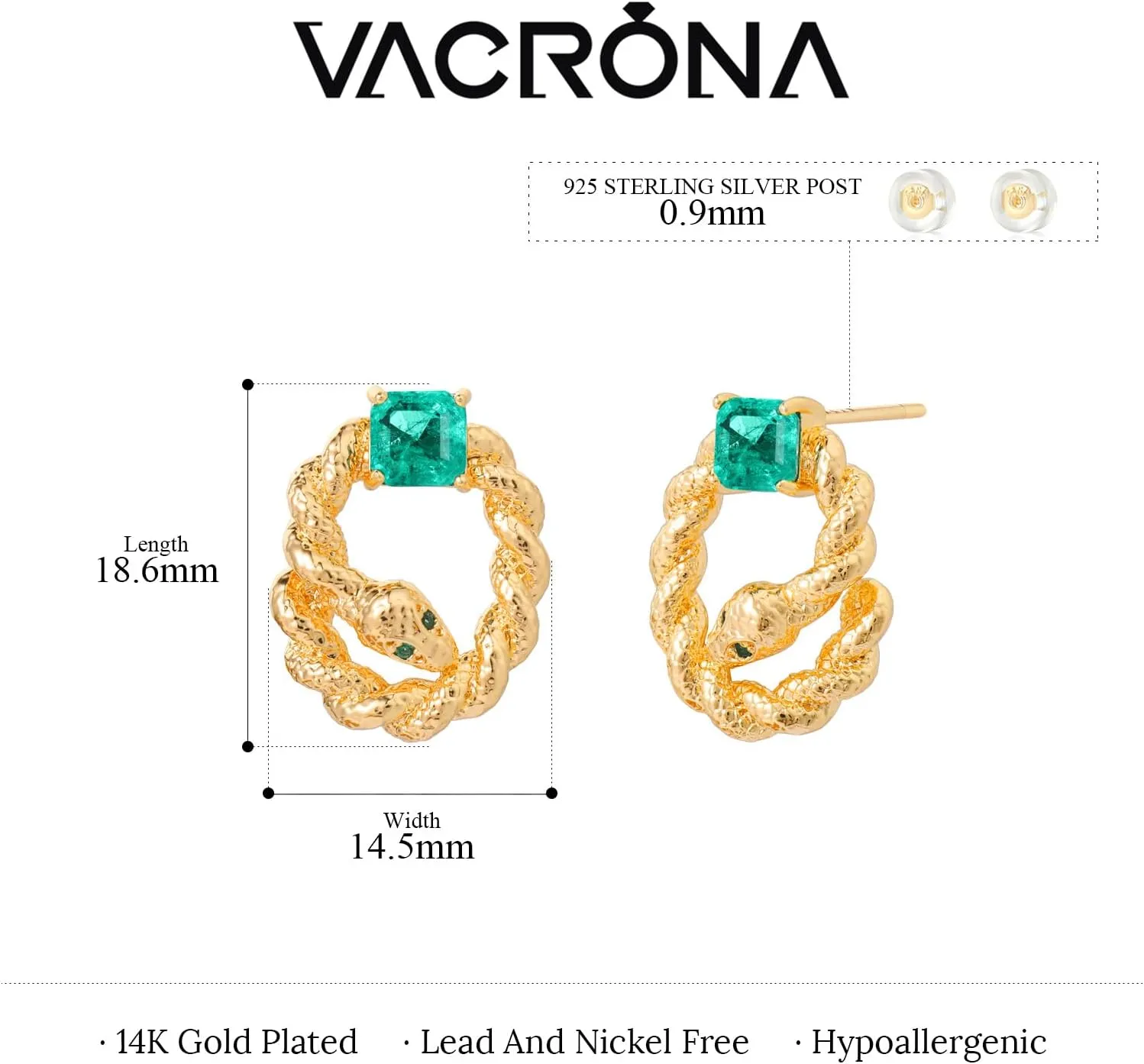 VACRONA Simulated Emerald Earrings for Women 14K Gold Plated Sterling Silver Post Stud Earring Cubic Zirconia Trendy Hypoallergenic Jewelry