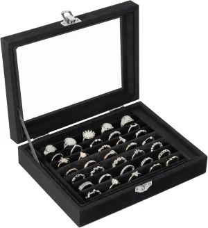 Velvet Ring Organizer Box, 7 Slots Jewelry Holder with Glass Lid Earring Display Tray Storage Case Gift for Women and Girls (Black)