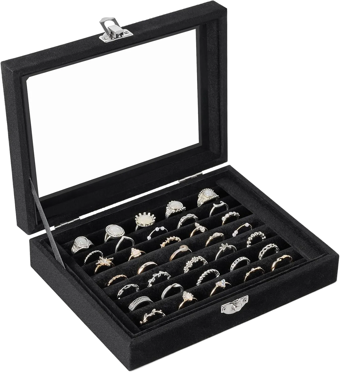 Velvet Ring Organizer Box, 7 Slots Jewelry Holder with Glass Lid Earring Display Tray Storage Case Gift for Women and Girls (Black)