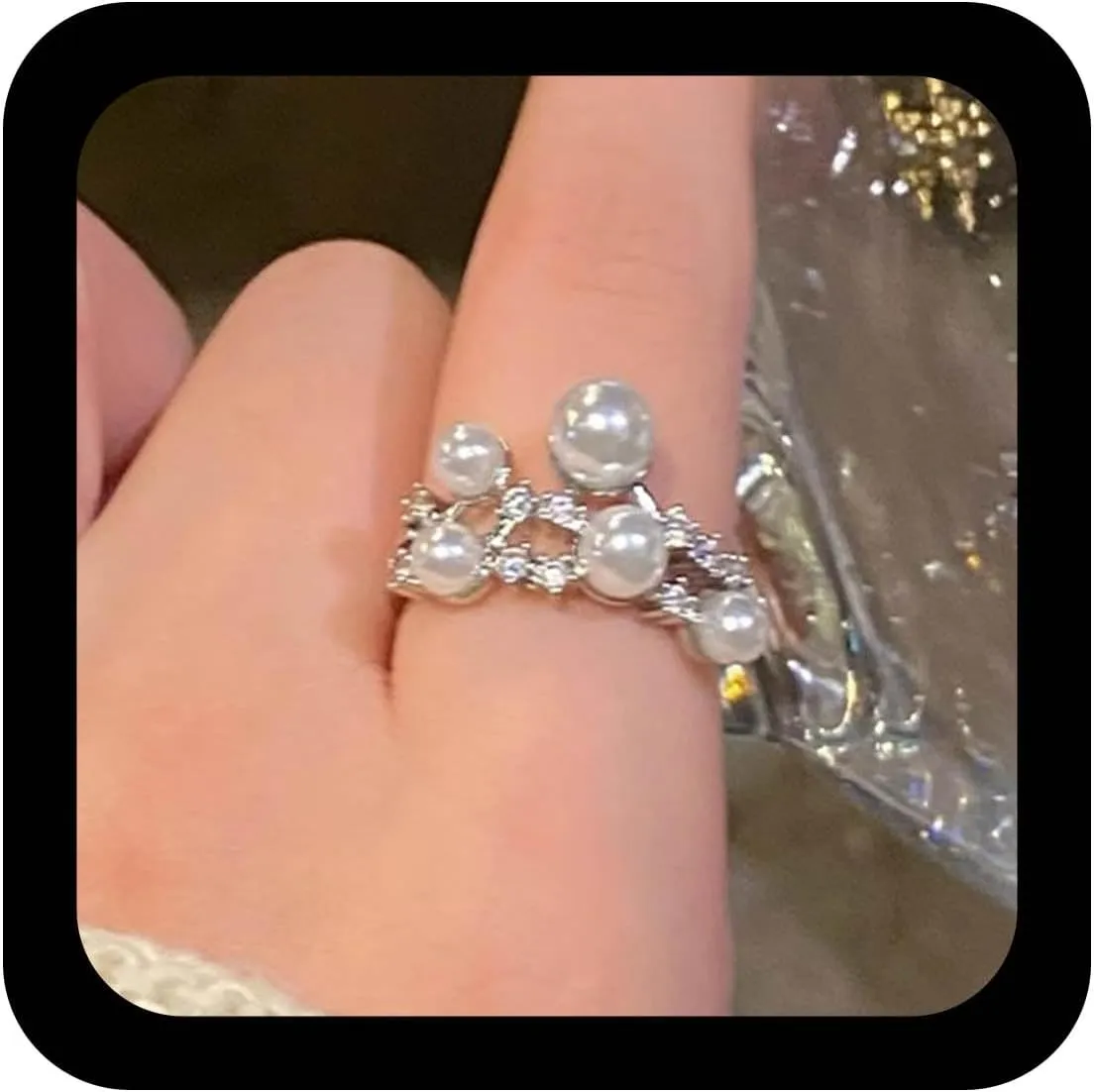 Vintage Crystal Pearl Band Ring Half Open Rhinestone Ring Silver Cz Pearl Finger Ring Adjustable Statement Ring Jewelry for Women