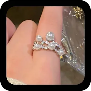Vintage Crystal Pearl Band Ring Half Open Rhinestone Ring Silver Cz Pearl Finger Ring Adjustable Statement Ring Jewelry for Women