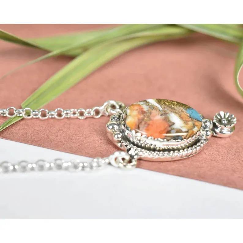 Vintage Oval Cut Spiny Oyster Bohemian 925 Sterling Silver Pendant