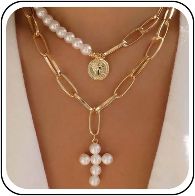 Vintage Pearl Cross Pendant Necklace Layered Pearl Choker Necklace Gold Paperclip Chain Necklaces Engraved Coin Necklace Choker Jewelry for Women