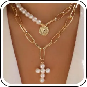 Vintage Pearl Cross Pendant Necklace Layered Pearl Choker Necklace Gold Paperclip Chain Necklaces Engraved Coin Necklace Choker Jewelry for Women