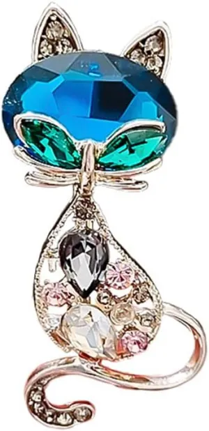 Vintage Rhinestone Cat Brooch Pin for Women Girls Fashion Cute Blue Crystal Animal Kitten Brooches Lapel Pins Dress Accessories Holiday Birthday Party Jewelry Unisex Gift Souvenir