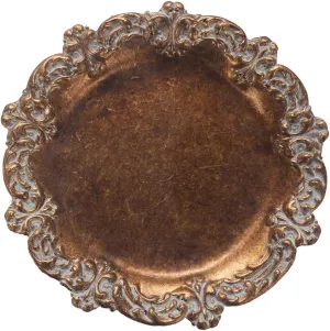 Vintage Tray Small Antique Trinket Dish, Round, Ring Holder with Twisted Flower Surrounding, Cosmetics Makeup Storage Organizer, Gift, Aesthetic Room Decor (Bronze-Flower)